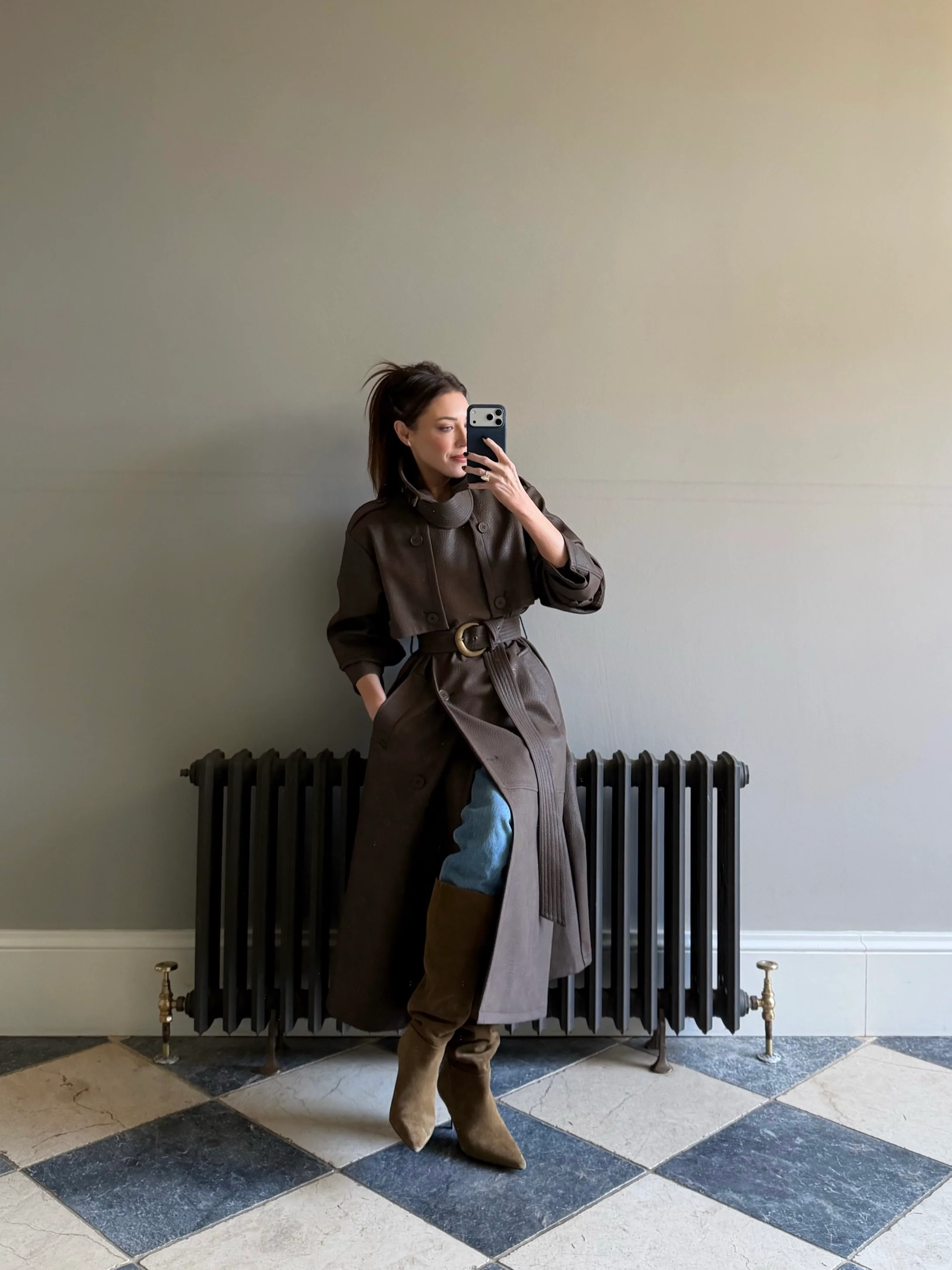 'VERSAILLES' LIMITED EDITION FAUX LEATHER SIGNATURE BELTED TRENCH COAT BROWN - Image 3