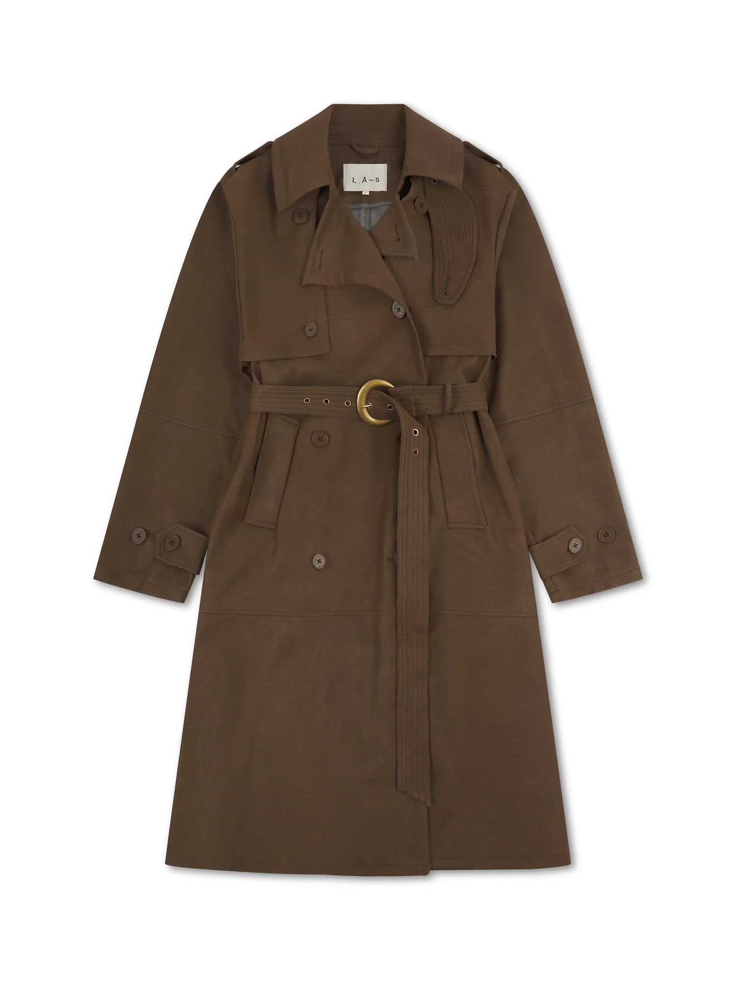 'VERSAILLES' LIMITED EDITION FAUX LEATHER SIGNATURE BELTED TRENCH COAT BROWN - Image 5
