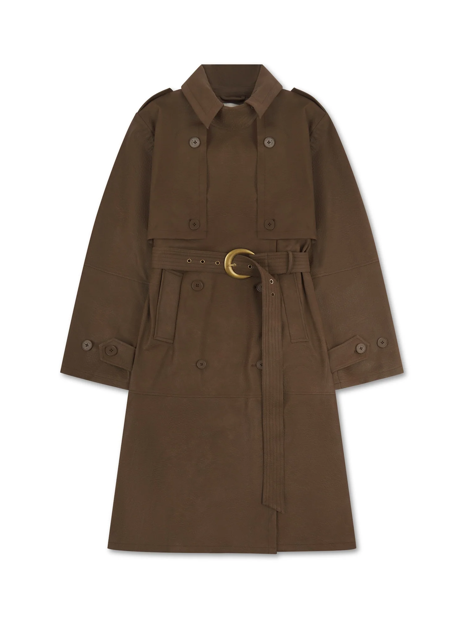 'VERSAILLES' LIMITED EDITION FAUX LEATHER SIGNATURE BELTED TRENCH COAT BROWN - Image 7