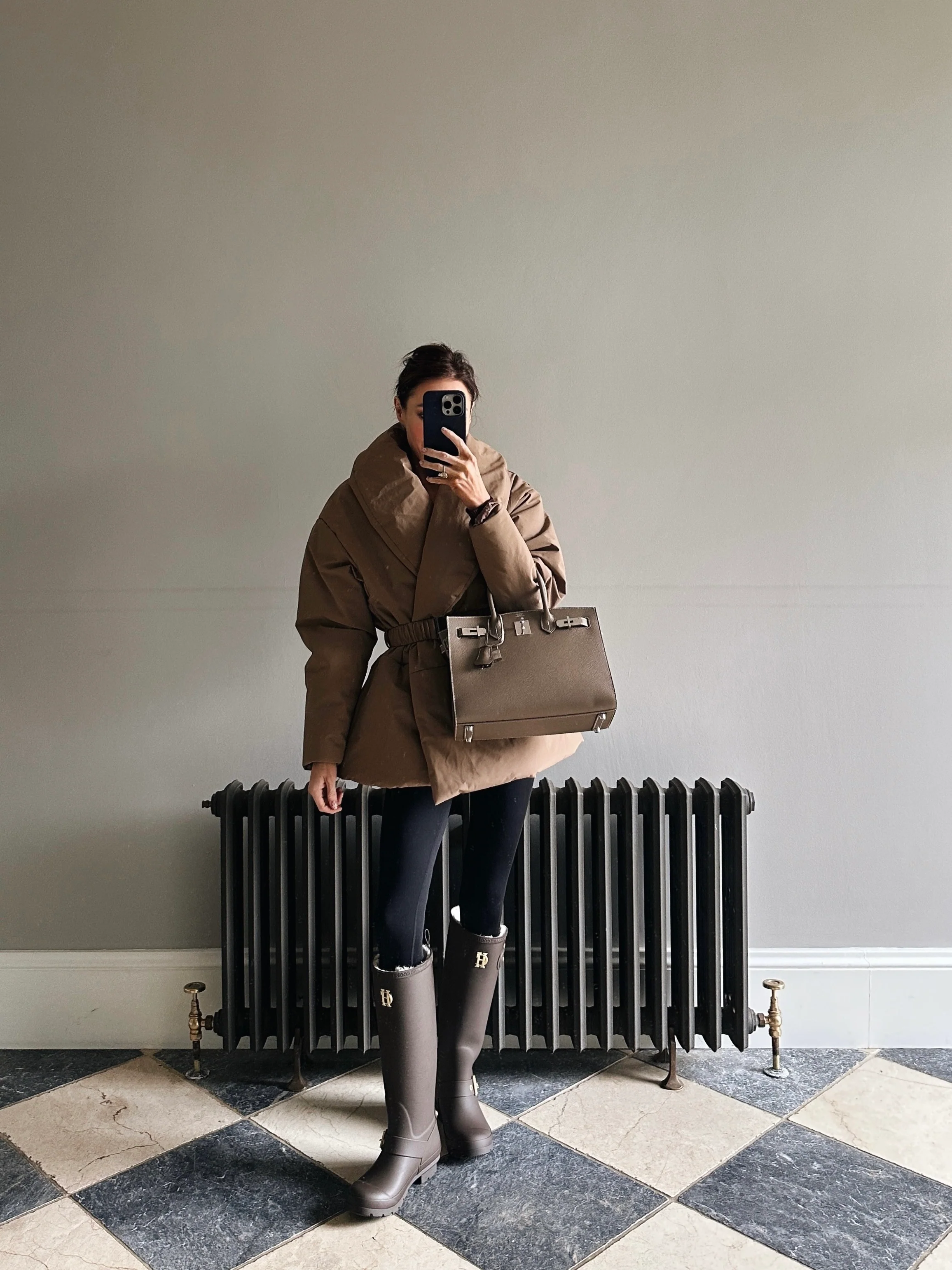 'MARAIS' SHAWL COLLAR BELTED PUFFER OVERSIZED JACKET BROWN - Image 3