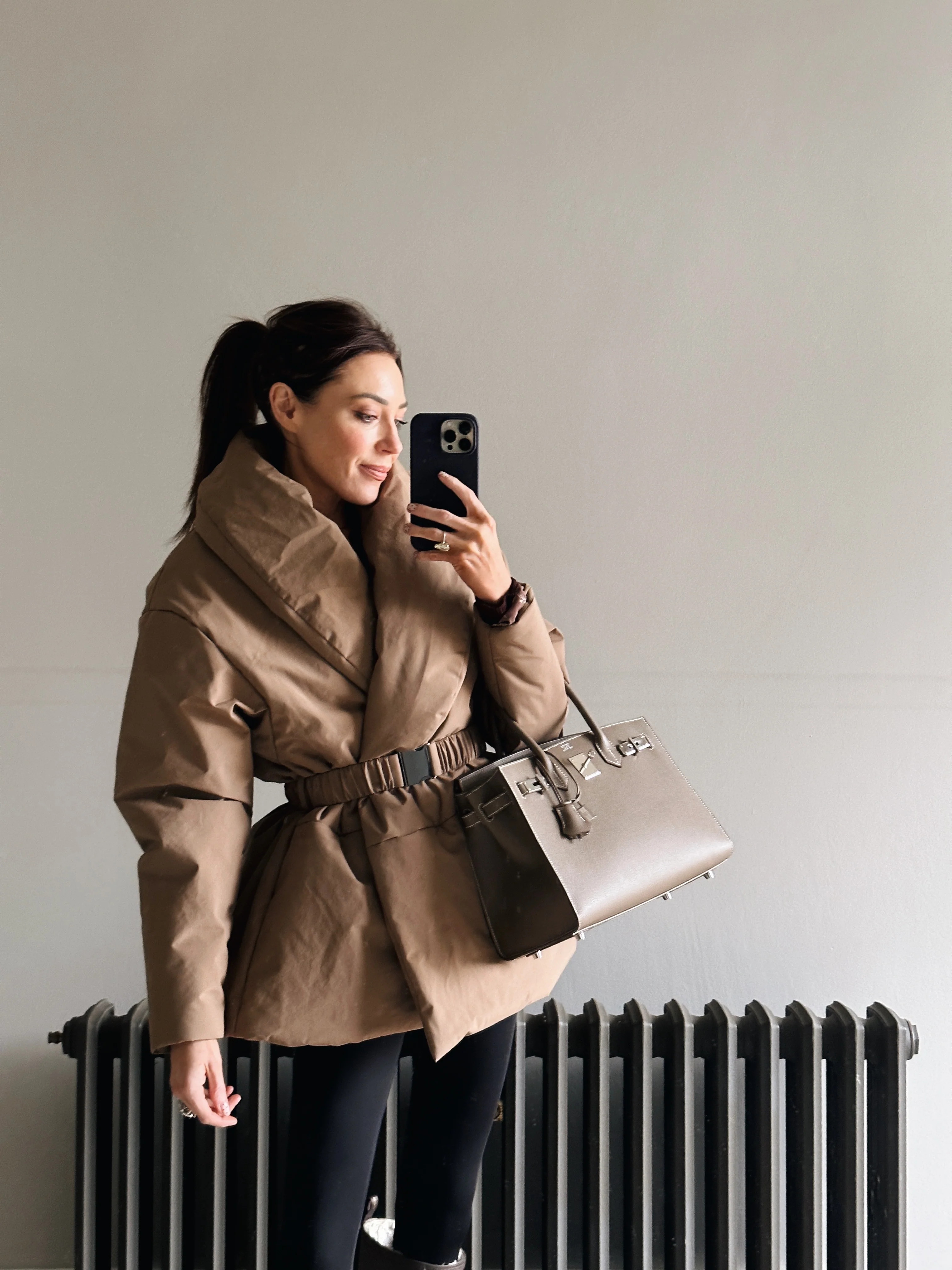 'MARAIS' SHAWL COLLAR BELTED PUFFER OVERSIZED JACKET BROWN - Image 4