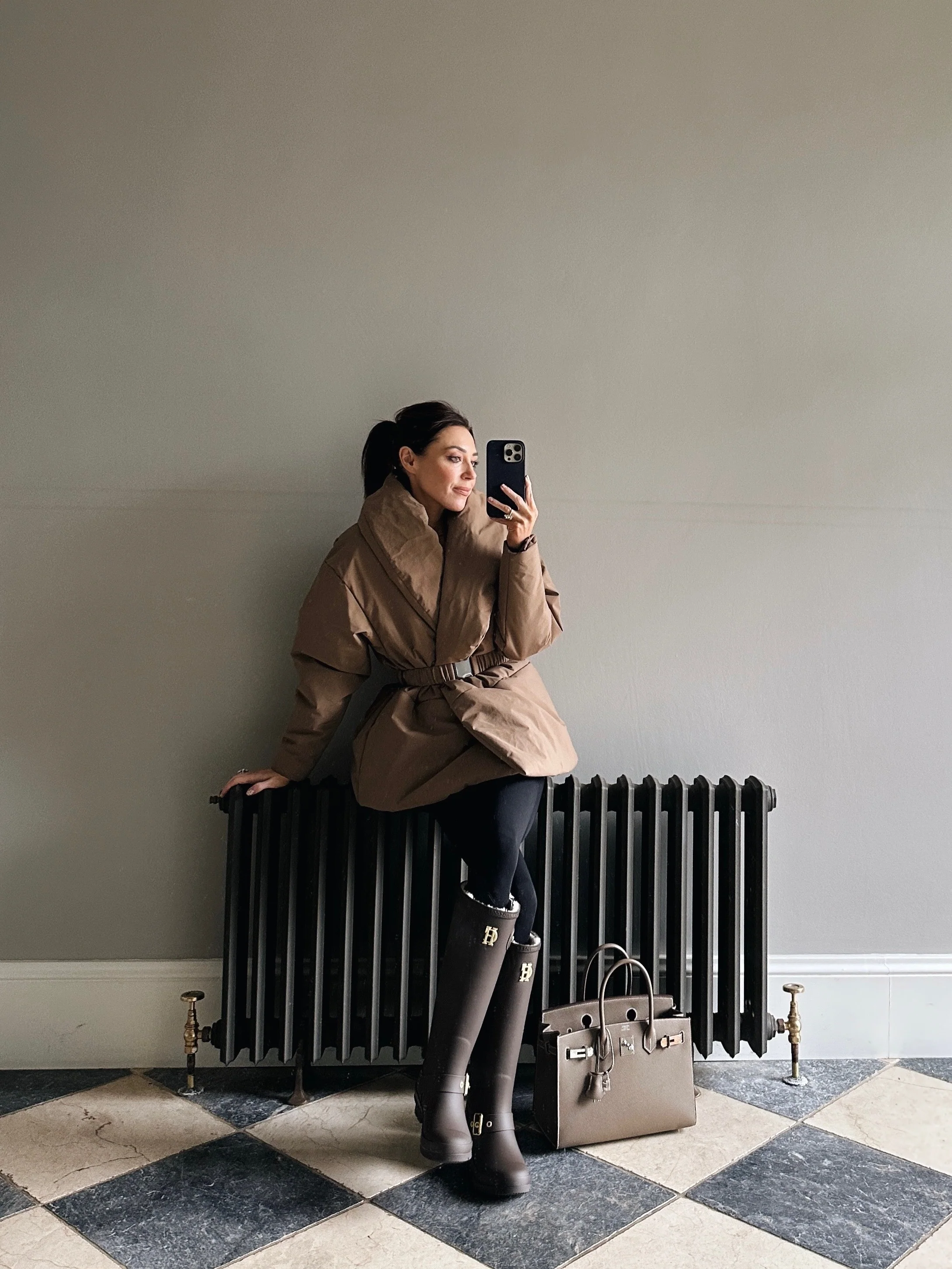 'MARAIS' SHAWL COLLAR BELTED PUFFER OVERSIZED JACKET BROWN - Image 5